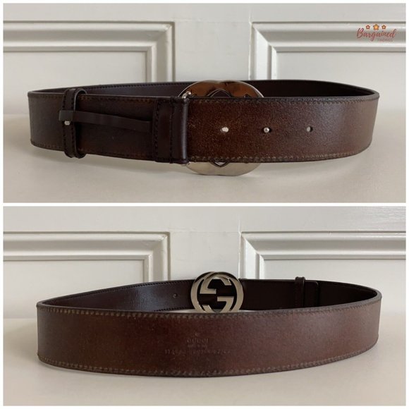 Authentic Gucci Brown Calfskin Leather Silver Interlocking G Buckle Belt 85/34 - Picture 6 of 13